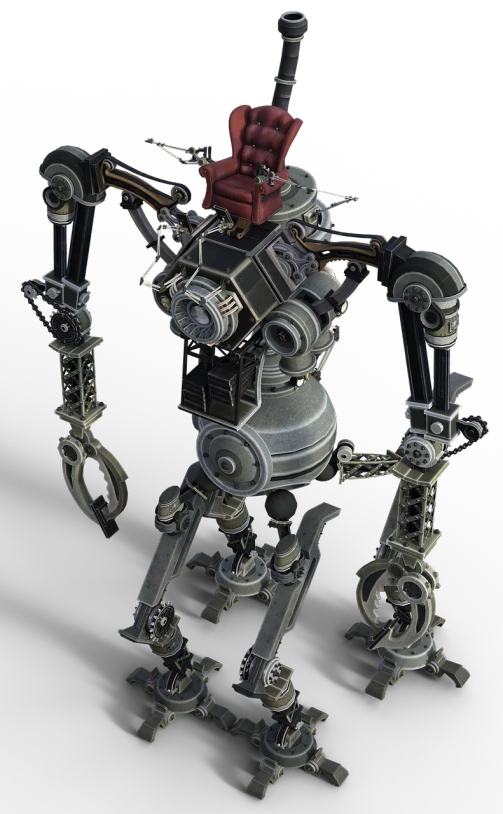 a robot sitting on top of a red chair, concept art, by senior environment artist, polycount contest winner, neo-dada, steampunk iron man, full body shot hyperdetailed, cycles engine, stan winston