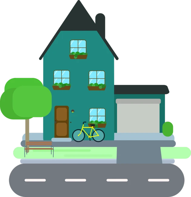 a house with a bicycle parked in front of it, a digital rendering, pixabay contest winner, naive art, on a flat color black background, green colored theme, driveway, clipart