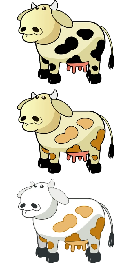 a couple of cows standing next to each other, concept art, by Murakami, trending on pixabay, mingei, spritesheet, three animals, !!! very coherent!!! vector art, comic strip style