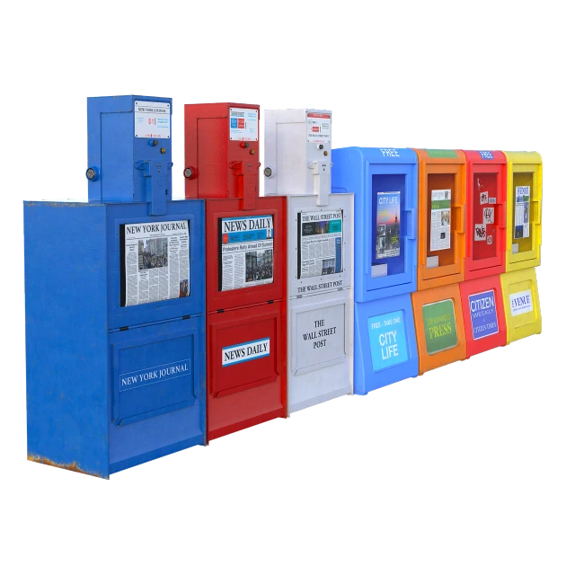 a row of newspaper dispensers sitting next to each other, a digital rendering, by Jon Coffelt, trending on polycount, photoscan, fully colored, “hyper realistic, california