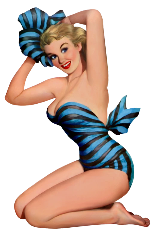 a woman in a blue and black striped bathing suit, pop art, pinup pose, hands behind her pose!, cut out, blue corset