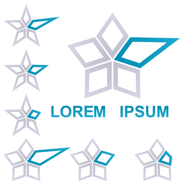 a set of star shaped logos on a white background, abstract illusionism, blue and gray colors, lorem ipsum dolor sit amet, box art, plume made of geometry