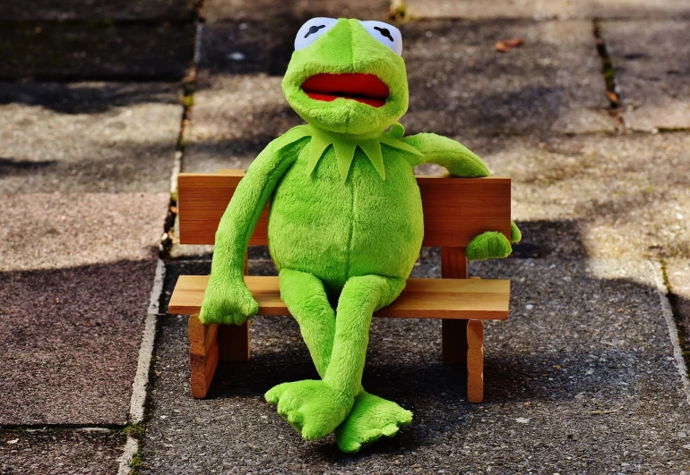 a green stuffed animal sitting on top of a wooden bench, a picture, pexels, the muppets, peter henket, sitting on bench, froggy chair