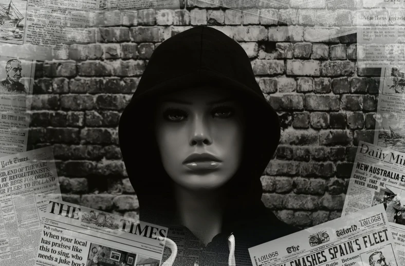 a black and white photo of a mannequin wearing a hoodie, digital art, inspired by Dora Maar, pixabay contest winner, reading a newspaper, brick, portrait of dangerous, black haired girl wearing hoodie