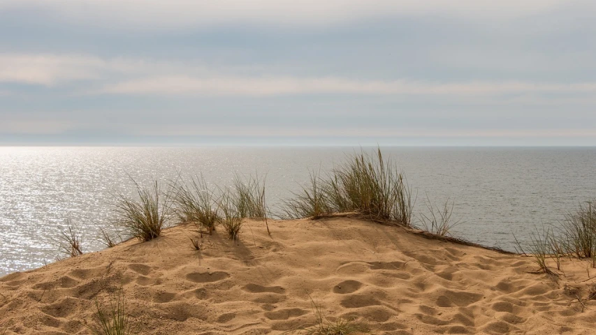 a red fire hydrant sitting on top of a sandy beach, inspired by Ruth Brandt, long grass in the foreground, iso 1 0 0 wide view, ocean cliff view, michigan