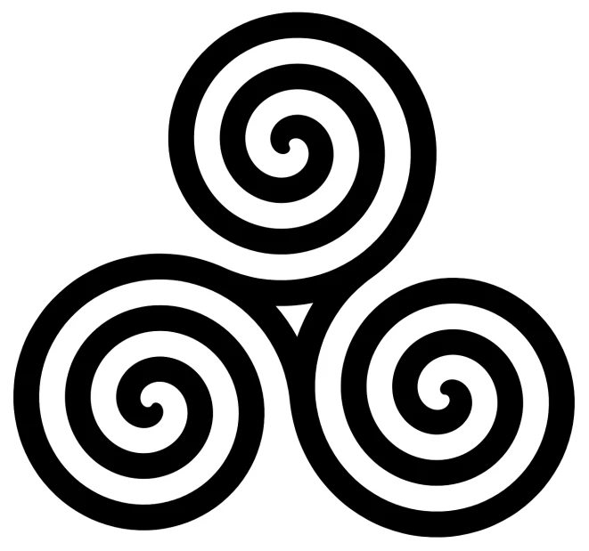 a black and white picture of three spirals, hurufiyya, celtic symbols, simple primitive tube shape, logo without text, ireland