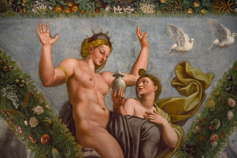 a painting of two men and a dove, inspired by Parmigianino, shutterstock, goddess inanna, a woman holding an orb, full figured mother earth, impasto