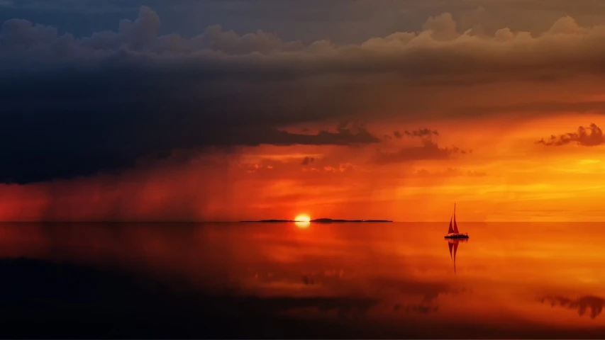 a boat floating on top of a body of water under a cloudy sky, a picture, by Andrei Kolkoutine, romanticism, epic red - orange sunlight, beautiful reflexions, widescreen shot, fire on the horizon