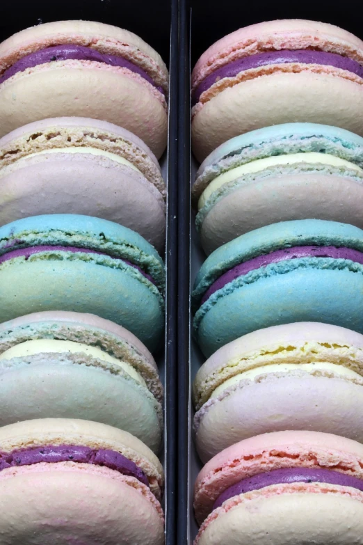 a couple of trays of macarons sitting next to each other, a pastel, by Jan Kupecký, highly detailed close up shot, high detail product photo