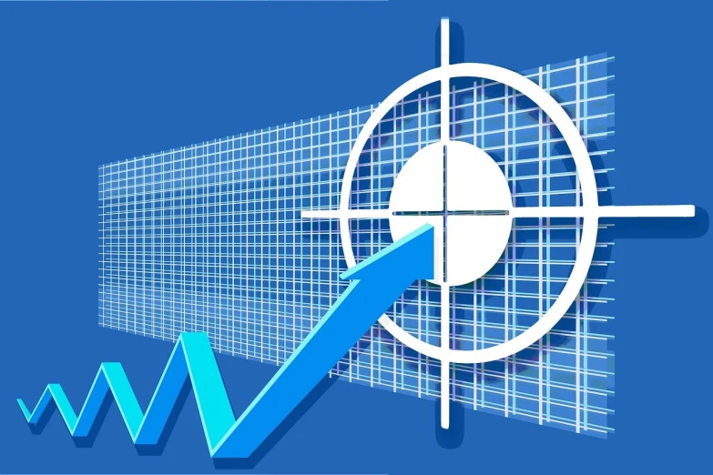 a computer screen with a blue arrow going through it, a digital rendering, by Allen Jones, trending on pixabay, analytical art, target reticles, economic boom, vector spline curve style, in front of a round