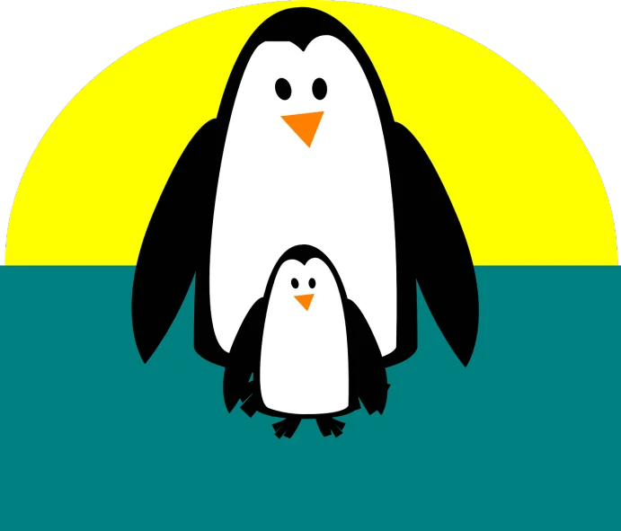 a couple of penguins standing next to each other, a cartoon, by Paul Bird, pixabay, mingei, father with child, brightly lit!, one contrasting small feature, 🦩🪐🐞👩🏻🦳