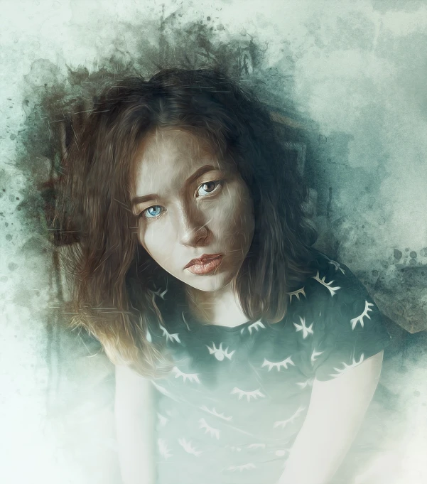 a digital painting of a woman with blue eyes, a digital painting, digital art, old photo style, artwork in the style of guweiz, scratches on photo, portrait n - 9