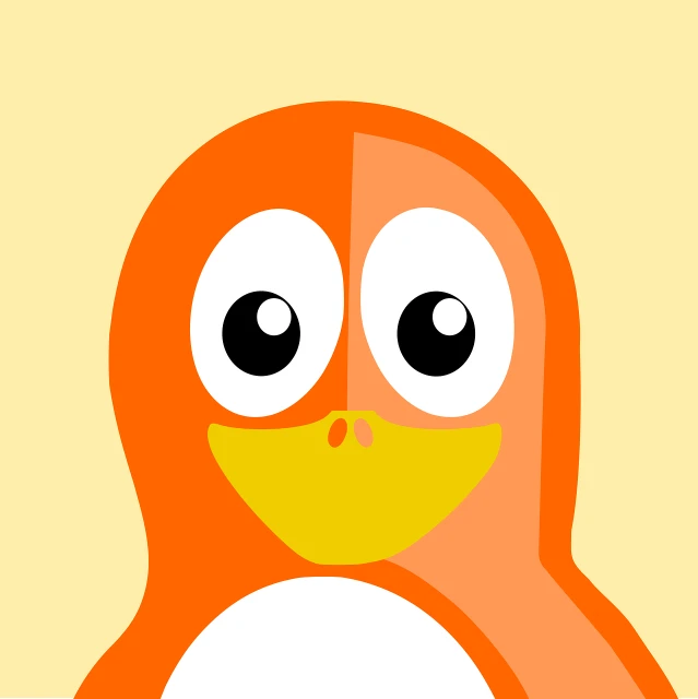 a cartoon penguin with big eyes and a yellow beak, vector art, mingei, orange backgorund, she has long orange brown hair, bad photo, red and orange colored