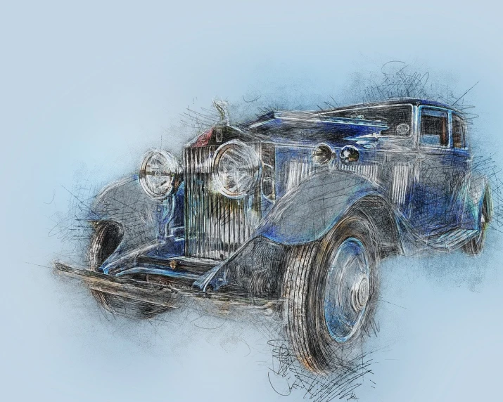 a drawing of an old car on a blue background, a digital painting, inspired by Harry Haenigsen, trending on pixabay, digital art, masterpiece. intricate artwork, in style of alan lee, antique style, rich aquarel