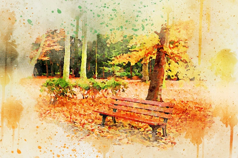 a watercolor painting of a park bench in the fall, shutterstock, watercolor texture, painting style, painted in high resolution, watercolor background