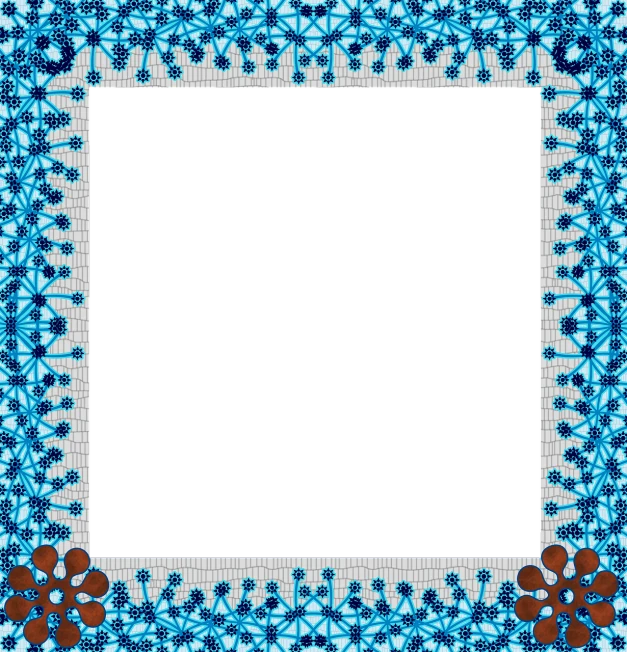 a picture frame with blue flowers on a black background, a digital rendering, inspired by Masamitsu Ōta, flickr, pixel art, crochet, brown and cyan blue color scheme, gauze, santa