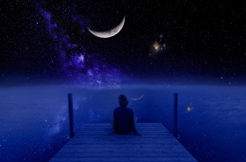 a person sitting on a dock looking at the moon, digital art, inspired by Johfra Bosschart, star(sky) starry_sky, planets and stars, calm night. over shoulder shot, harmony of the universe