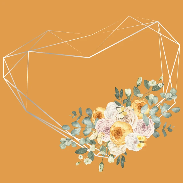 a picture of a flower arrangement on an orange background, vector art, by Verónica Ruiz de Velasco, shutterstock, art deco, rose gold heart, low polygons illustration, silver and muted colors, invitation card