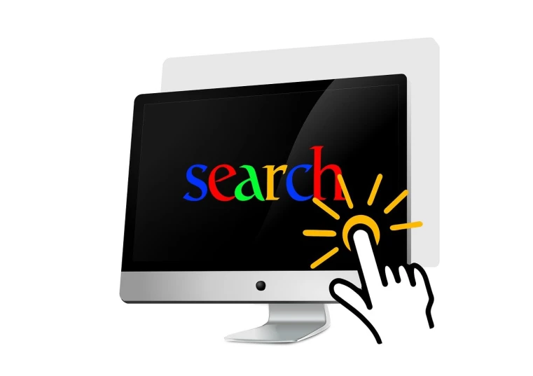 a computer screen with the word search on it, a computer rendering, pixabay, light source on left, google design, set against a white background, light emitting from fingertips