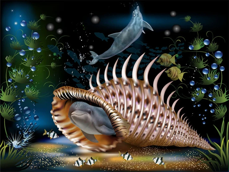 a painting of two dolphins and a shell, an illustration of, by Jan Sawka, digital art, deep sea monster, hd wallpaper, gaping gills and baleen, stunning screensaver