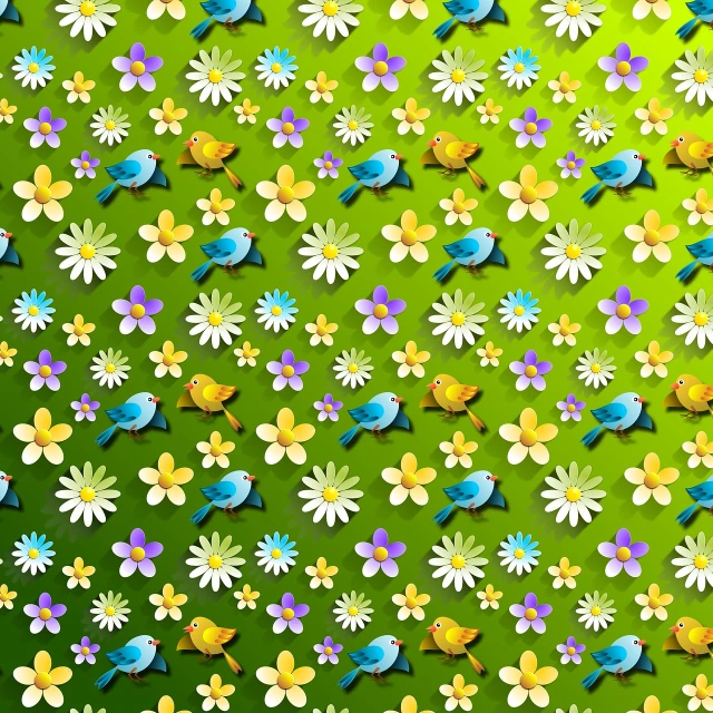 a bunch of birds and flowers on a green background, vector art, by David Brewster, digital art emoji collection, shiny background, lots of little daisies, texture for 3 d