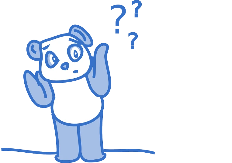 a panda bear standing in front of a question mark, a cartoon, inspired by Masamitsu Ōta, blue colored, bold line art, confused facial expression, h3h3