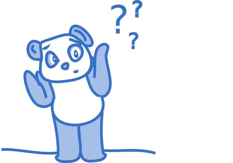 a panda bear standing in front of a question mark, a cartoon, inspired by Masamitsu Ōta, blue colored, bold line art, confused facial expression, h3h3