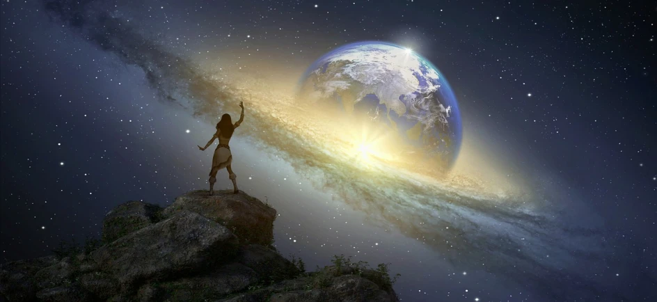 a person standing on a rock with their arms in the air, inspired by Johfra Bosschart, space art, godess, holding a planet, girl in space, pointing to heaven