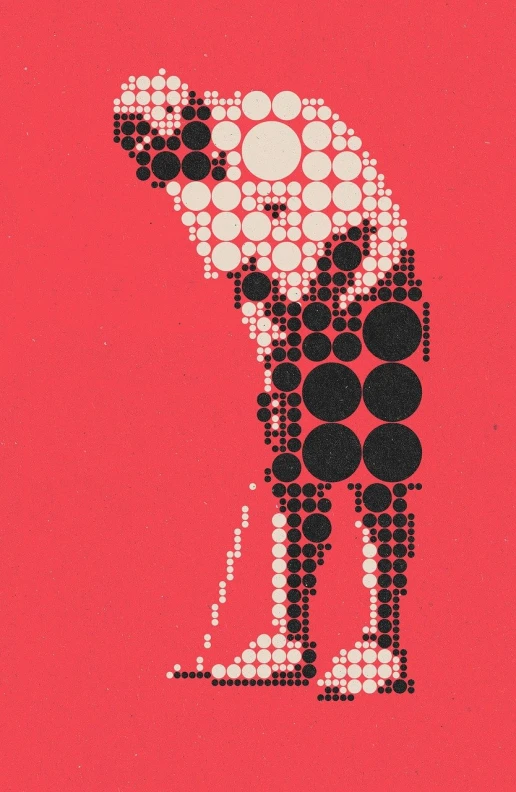 a black and white giraffe on a red background, inspired by Tom Whalen, dribble, kinetic pointillism, crystallized human silhouette, james gilleard artwork, bubbles ”, “pig
