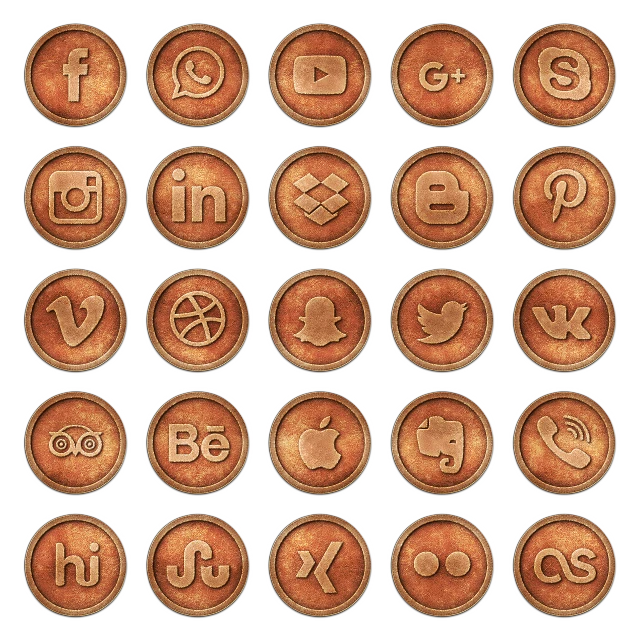 a bunch of buttons sitting on top of each other, a digital rendering, by Henrik Weber, renaissance, icon pack, copper patina, logo for a social network, wooden