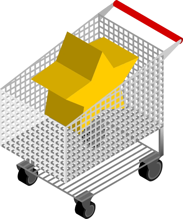 a shopping cart with a box in it, an illustration of, conceptual art, silver and yellow color scheme, birdseye view, star, whole page illustration