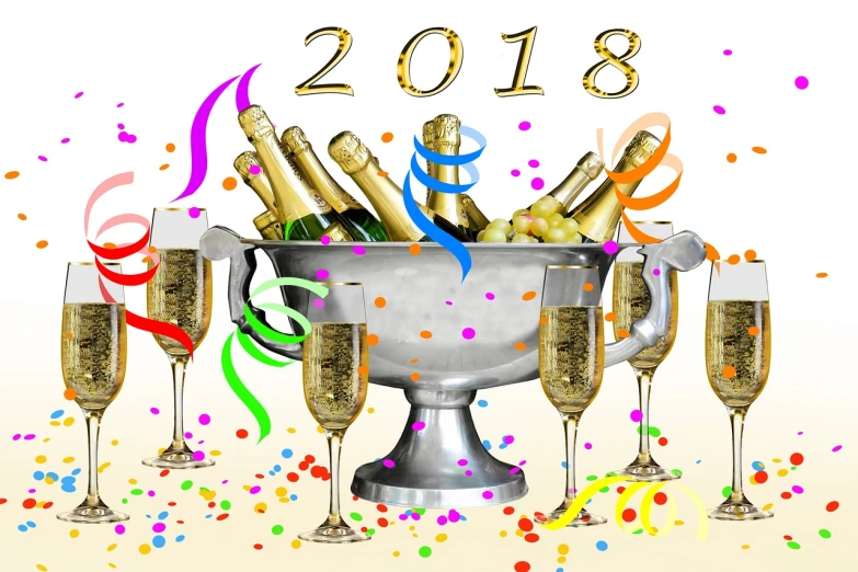 a group of glasses filled with champagne and confetti, trending on pixabay, [ digital art ]!!, the year 2089, podium, 2018