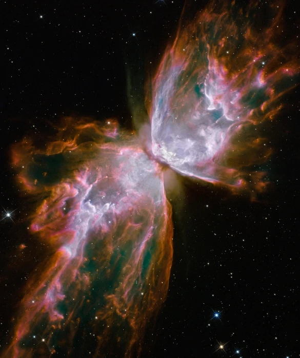 a close up of a butterfly shaped object in the sky, a picture, by Jim Nelson, space art, the sky is a nebula on fire, credit esa, doors that are cosmic portals, big white glowing wings