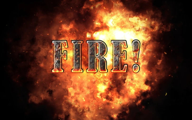 a fire with the word fire in front of it, shutterstock, fine art, explosions!, fires!! hyperrealistic, metal font, mmmmm