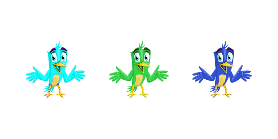 a group of three cartoon birds standing next to each other, a raytraced image, inspired by Victor Noble Rainbird, trending on polycount, glowing fingers, animation still screencap, green feathers, his arms spread. ready to fly