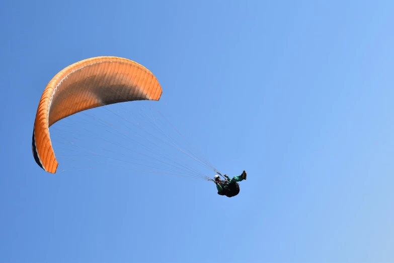 a person that is in the air with a parachute, a picture, by Niko Henrichon, shutterstock, clear blue skies, viewed in profile from far away, backlit!!, an extreme long shot wide shot