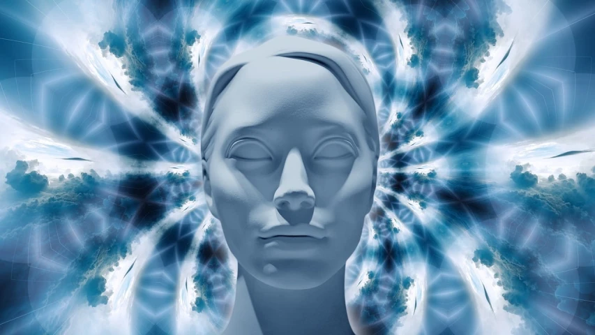 a white mannequin head in front of a blue background, inspired by Amanda Sage, digital art, radiating dark energy aura, trending on mentalray, floating in a powerful zen state, closed-eyes