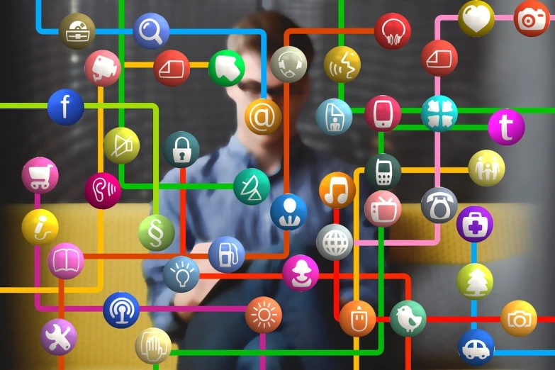 a man standing in front of a bunch of social icons, a digital rendering, by Kurt Roesch, shutterstock, app icon, connecting lines, colorful computer screen, 2014