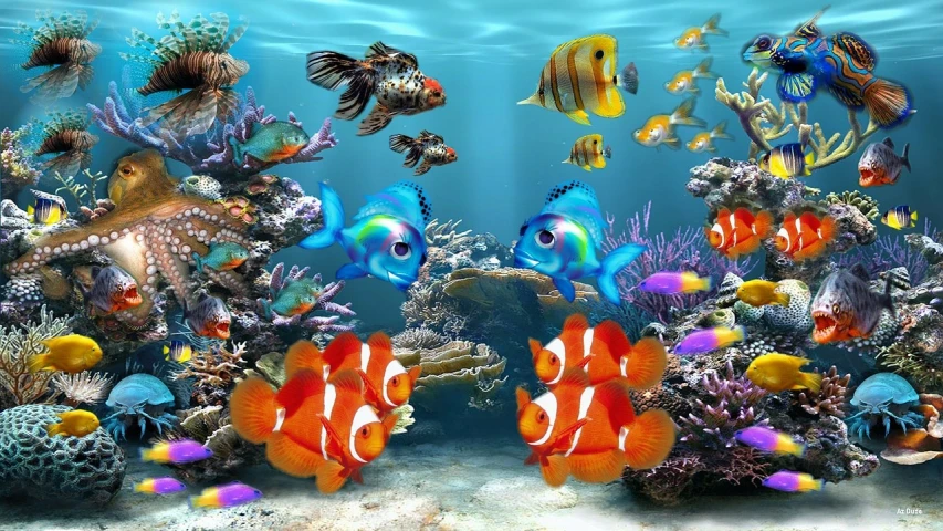 a fish tank filled with lots of different types of fish, a digital rendering, by Hans Fischer, shutterstock, fine art, clown fish, wallpaper anime blue water, full of colour 8-w 1024, beautiful!!!!!!!!!!!!