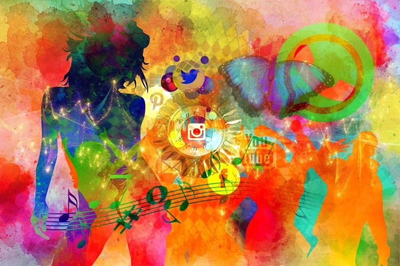 a woman that is standing in front of a clock, digital art, inspired by Peter Max, psychedelic art, focus on the musicians, watercolor painting style, music records, explosion of colors