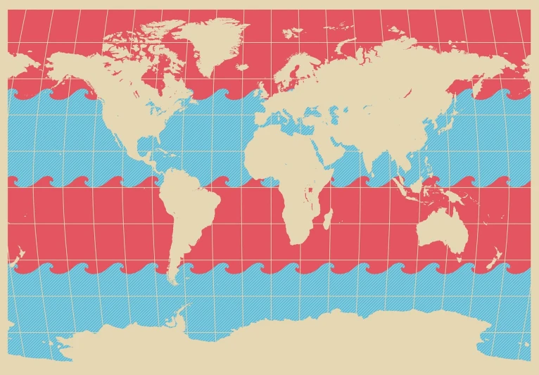 a map of the world on a red and blue background, shutterstock, op art, mercator projection, 7 0 % ocean, screen, warm weather