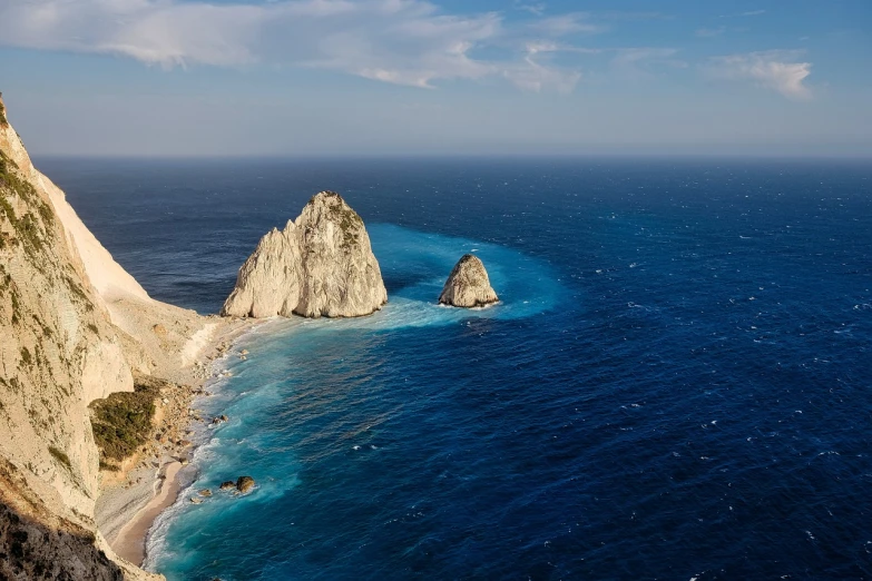 a large body of water next to a cliff, a picture, by Demetrios Farmakopoulos, island in a blue sea, ariel view, peaks, chiron