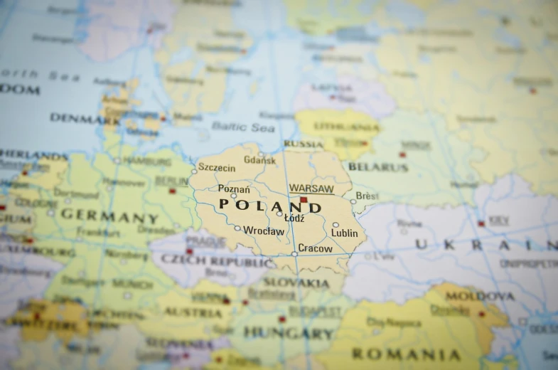 a close up of a map of poland, a photo, by Walenty Wańkowicz, shutterstock, depth of field ”, full res, soft, wide shot photo