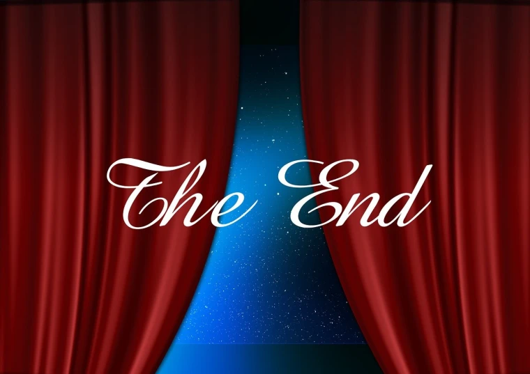 a red curtain with the word the end on it, by Edna Mann, shutterstock, night background, poster illustration, set photo