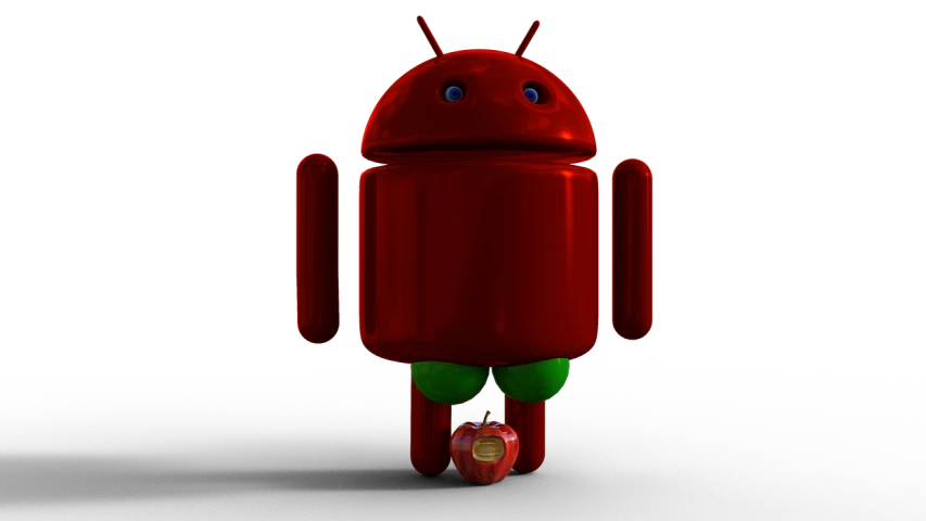 a close up of a red android robot on a black background, a digital rendering, inspired by Android Jones, with apple, official product photo, balloon, smartphone photo