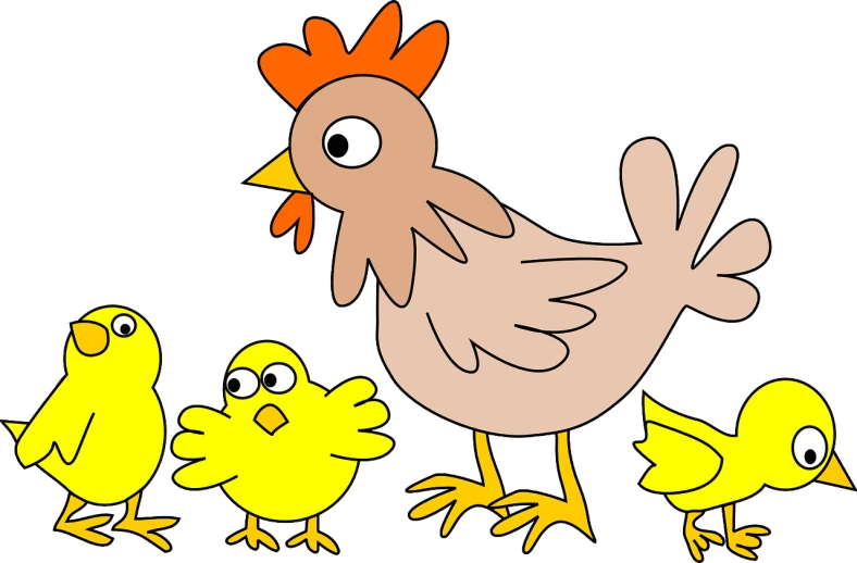 a group of chickens standing next to each other, an illustration of, children's cartoon, -h 1024, fertility, motherly