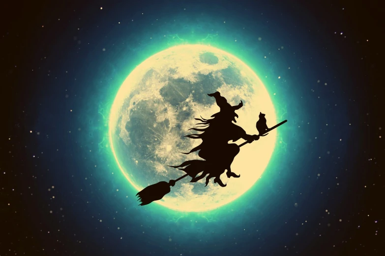 a witch on a broom flying in front of a full moon, by Niko Henrichon, shutterstock, conceptual art, 😃😀😄☺🙃😉😗, instagram picture, shadow, 1 4 9 3