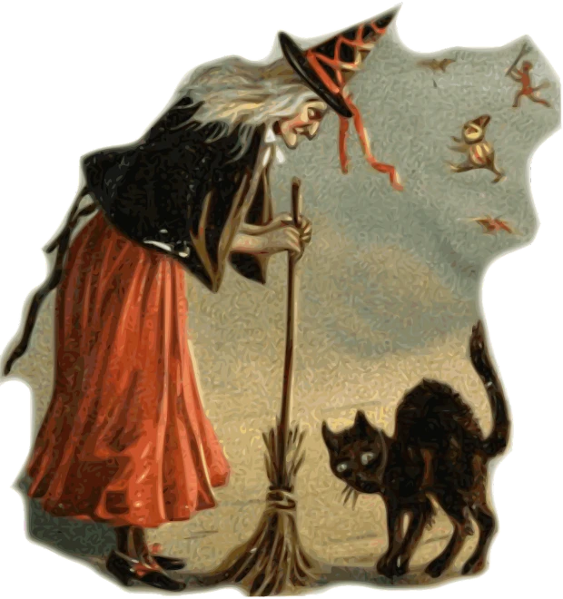 a witch with a broom and a black cat, by Konrad Klapheck, shutterstock, folk art, circa 1 8 6 3, sandman, medium detail, mark schultz