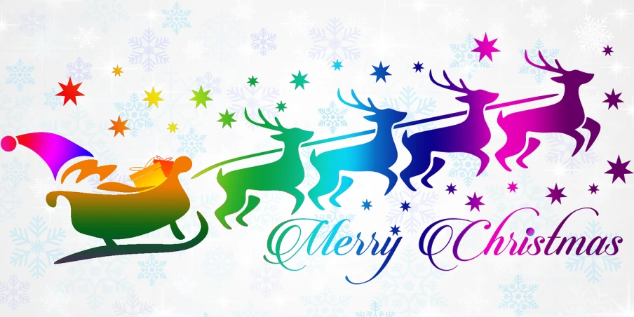 a christmas card with a santa sleigh and reindeers, by Rhea Carmi, trending on pixabay, process art, rainbow colored, 3840 x 2160, graphic”, very crisp