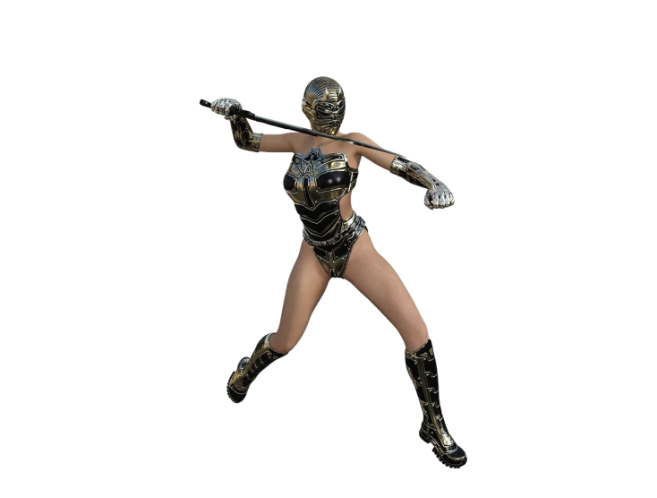 a woman in a costume holding a baseball bat, inspired by hajime sorayama, zbrush central contest winner, afrofuturism, gold and silver armour suit, fully body photo, dynamic action pose, artificial intelligence princess